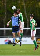 14 April 2023; Dara Keane of UCD in action against Ally Gilchrist of Cork City during the SSE Airtricity Men's Premier Division match between UCD and Cork City at UCD Bowl in Dublin. Photo by Stephen Marken/Sportsfile