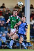 14 April 2023; Adam Wells of UCD in action against Cian Murphy of Cork City during the SSE Airtricity Men's Premier Division match between UCD and Cork City at UCD Bowl in Dublin. Photo by Stephen Marken/Sportsfile