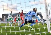 14 April 2023; Shamrock Rovers goalkeeper Alan Mannus concedes a goal, an own goal scored by teammate Graham Burke, during the SSE Airtricity Men's Premier Division match between Shamrock Rovers and Shelbourne at Tallaght Stadium in Dublin. Photo by Seb Daly/Sportsfile