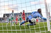 14 April 2023; Shamrock Rovers goalkeeper Alan Mannus concedes a goal, an own goal scored by teammate Graham Burke, during the SSE Airtricity Men's Premier Division match between Shamrock Rovers and Shelbourne at Tallaght Stadium in Dublin. Photo by Seb Daly/Sportsfile