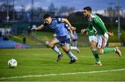 14 April 2023; Daniel Krezic of Cork City in action against Evan Osam of UCD during the SSE Airtricity Men's Premier Division match between UCD and Cork City at UCD Bowl in Dublin. Photo by Stephen Marken/Sportsfile
