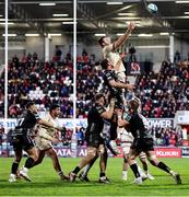 14 April 2023; Alan O’Connor of Ulster wins possession in the lineout during the United Rugby Championship match between Ulster and Dragons at the Kingspan Stadium in Belfast. Photo by John Dickson/Sportsfile