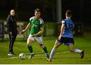14 April 2023; Joshua Honohan of Cork City in action against Donal Higgins of UCD during the SSE Airtricity Men's Premier Division match between UCD and Cork City at UCD Bowl in Dublin. Photo by Stephen Marken/Sportsfile