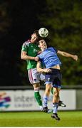 14 April 2023; Dara Keane of UCD in action against Joshua Honohan of Cork City during the SSE Airtricity Men's Premier Division match between UCD and Cork City at UCD Bowl in Dublin. Photo by Stephen Marken/Sportsfile