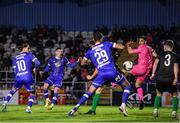 14 April 2023; Ronan Coughlan of Waterford, second from left, scores his sides first goal during the SSE Airtricity Men's First Division match between Waterford and Kerry at the RSC in Waterford. Photo by Michael P Ryan/Sportsfile