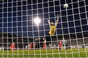 14 April 2023; Shelbourne goalkeeper Conor Kearns concedes a first goal, scored by Graham Burke of Shamrock Rovers, not pictured, during the SSE Airtricity Men's Premier Division match between Shamrock Rovers and Shelbourne at Tallaght Stadium in Dublin. Photo by Seb Daly/Sportsfile