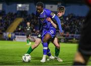 14 April 2023; Roland Idowu of Waterford in action against Sean O'Connell of Kerry FC during the SSE Airtricity Men's First Division match between Waterford and Kerry at the RSC in Waterford. Photo by Michael P Ryan/Sportsfile