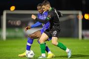 14 April 2023; Leo Gaxha of Kerry FC in action against Tunmise Sobowale of Waterford during the SSE Airtricity Men's First Division match between Waterford and Kerry at the RSC in Waterford. Photo by Michael P Ryan/Sportsfile