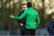 14 April 2023; Kerry FC manager Billy Dennehy speaks with fourth official Kevin O' Sullivan during the SSE Airtricity Men's First Division match between Waterford and Kerry at the RSC in Waterford. Photo by Michael P Ryan/Sportsfile