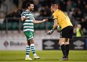 14 April 2023; Richie Towell of Shamrock Rovers and Shelbourne goalkeeper Conor Kearns during the SSE Airtricity Men's Premier Division match between Shamrock Rovers and Shelbourne at Tallaght Stadium in Dublin. Photo by Seb Daly/Sportsfile