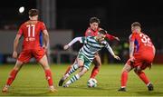 14 April 2023; Jack Byrne of Shamrock Rovers in action against Kian Leavy of Shelbourne during the SSE Airtricity Men's Premier Division match between Shamrock Rovers and Shelbourne at Tallaght Stadium in Dublin. Photo by Seb Daly/Sportsfile