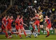 14 April 2023; Shelbourne goalkeeper Conor Kearns and Paddy Barrett in action against Lee Grace of Shamrock Rovers during the SSE Airtricity Men's Premier Division match between Shamrock Rovers and Shelbourne at Tallaght Stadium in Dublin. Photo by Seb Daly/Sportsfile