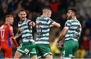 14 April 2023; Roberto Lopes of Shamrock Rovers, right, celebrates with teammate Gary O'Neill after scoring their side's second goal during the SSE Airtricity Men's Premier Division match between Shamrock Rovers and Shelbourne at Tallaght Stadium in Dublin. Photo by Seb Daly/Sportsfile