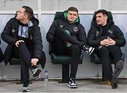 14 April 2023; Shamrock Rovers players, from left, Liam Burt, Sean Gannon and Trevor Clarke before the SSE Airtricity Men's Premier Division match between Shamrock Rovers and Shelbourne at Tallaght Stadium in Dublin. Photo by Seb Daly/Sportsfile