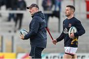 14 April 2023; Ulster assistant coach Dan Soper, left, and John Cooney of Ulster before the United Rugby Championship match between Ulster and Dragons at the Kingspan Stadium in Belfast. Photo by Ramsey Cardy/Sportsfile
