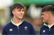 14 April 2023; Joe Hopes, left, and James McNabney of Ireland before the United Rugby Championship match between Ulster and Dragons at the Kingspan Stadium in Belfast. Photo by Ramsey Cardy/Sportsfile