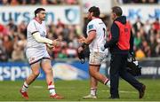 14 April 2023; Tom O'Toole of Ulster, right, is substituted for Jeffrey Toomaga-Allen of Ulster during the United Rugby Championship match between Ulster and Dragons at the Kingspan Stadium in Belfast. Photo by Ramsey Cardy/Sportsfile