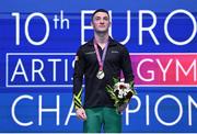 15 April 2023; Rhys McClenaghan of Ireland with his gold medal after winning the Men's Pommel Horse Final during the 2023 European Artistic Gymnastics Championships at Antalya Spor Salonu in Antalya, Türkiye. Photo by Filippo Tomasi /Sportsfile