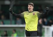 15 April 2023; St Joseph’s goalkeeper Dylan Kane celebrates his side's second goal, which was subsequently disallowed, during the FAI Youth Cup Final match between St Joseph’s AFC, Dublin, and College Corinthians AFC, Cork, at the Carlisle Grounds in Bray, Wicklow. Photo by Seb Daly/Sportsfile