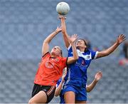 15 April 2023; Kelly Mallon of Armagh in action against Clodagh Dunne of Laois during the Lidl Ladies Football National League Division 2 Final match between Armagh and Laois at Croke Park in Dublin. Photo by Brendan Moran/Sportsfile