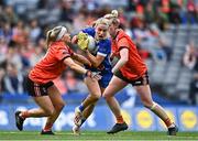 15 April 2023; Laura Nerney of Laois in action against Lauren McConville, left, and Shauna Grey of Armagh during the Lidl Ladies Football National League Division 2 Final match between Armagh and Laois at Croke Park in Dublin. Photo by Sam Barnes/Sportsfile