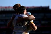 15 April 2023; Liam Turner of Leinster celebrates with teammate Tommy O'Brien after scoring his side's second try during the United Rugby Championship match between Emirates Lions and Leinster at Emirates Airlines Park in Johannesburg, South Africa. Photo by Harry Murphy/Sportsfile