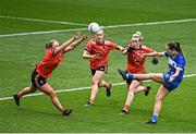 15 April 2023; Mo Nerney of Laois in action against Armagh players, from left, Louise Kenny, CaÍt Towe and Shauna Grey during the Lidl Ladies Football National League Division 2 Final match between Armagh and Laois at Croke Park in Dublin. Photo by Sam Barnes/Sportsfile