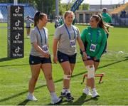15 April 2023; Ireland players, from left, Maeve Óg O'Leary, Sam Monaghan, and Nichola Fryday walk the pitch before the Tik Tok Womens Six Nations Rugby Championship match between Italy and Ireland at Stadio Sergio Lanfranchi in Parma, Italy. Photo by Roberto Bregani/Sportsfile.