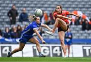 15 April 2023; Aimee Mackin of Armagh has  her shot blocked  by Ellen Healy of Laois during the Lidl Ladies Football National League Division 2 Final match between Armagh and Laois at Croke Park in Dublin. Photo by Sam Barnes/Sportsfile