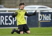 15 April 2023; St Joseph’s goalkeeper Dylan Kane celebrates at the final whistle after his side's victory in the FAI Youth Cup Final match between St Joseph’s AFC, Dublin, and College Corinthians AFC, Cork, at the Carlisle Grounds in Bray, Wicklow. Photo by Seb Daly/Sportsfile