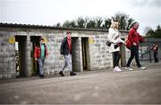 15 April 2023; Derry supporters arrive before the Ulster GAA Football Senior Championship Quarter-Final match between Fermanagh and Derry at Brewster Park in Enniskillen, Fermanagh. Photo by Ramsey Cardy/Sportsfile
