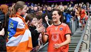 15 April 2023; Aimee Mackin of Armagh celebrates with supporters after her side's victory in the Lidl Ladies Football National League Division 2 Final match between Armagh and Laois at Croke Park in Dublin. Photo by Sam Barnes/Sportsfile