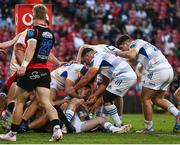 15 April 2023; Chris Cosgrave of Leinster celebrates with teammates after scoring his side's fifth try during the United Rugby Championship match between Emirates Lions and Leinster at Emirates Airlines Park in Johannesburg, South Africa. Photo by Harry Murphy/Sportsfile