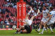 15 April 2023; Chris Cosgrave of Leinster scores his side's fifth try despite the tackle of Morne Brandon of Emirates Lions during the United Rugby Championship match between Emirates Lions and Leinster at Emirates Airlines Park in Johannesburg, South Africa. Photo by Harry Murphy/Sportsfile