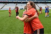 15 April 2023; Aimee Mackin of Armagh,  right, celebrates with team-mate Louise Kenny after their side's victory in the Lidl Ladies Football National League Division 2 Final match between Armagh and Laois at Croke Park in Dublin. Photo by Sam Barnes/Sportsfile