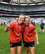 15 April 2023; Armagh players Caitriona O'Hagan, left, and Eve Lavery celebrate after  their side's victory in the Lidl Ladies Football National League Division 2 Final match between Armagh and Laois at Croke Park in Dublin.  Photo by Sam Barnes/Sportsfile