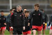 15 April 2023; Derry manager Rory Gallagher, left, in conversation with Brendan Rogers before the Ulster GAA Football Senior Championship Quarter-Final match between Fermanagh and Derry at Brewster Park in Enniskillen, Fermanagh. Photo by Ramsey Cardy/Sportsfile