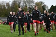 15 April 2023; Derry manager Rory Gallagher, left, in conversation with Brendan Rogers before the Ulster GAA Football Senior Championship Quarter-Final match between Fermanagh and Derry at Brewster Park in Enniskillen, Fermanagh. Photo by Ramsey Cardy/Sportsfile