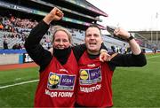 15 April 2023; Armagh manager Shane McCormack and Maor Foirne Denise Jordan celebrate after their side's victory in the Lidl Ladies Football National League Division 2 Final match between Armagh and Laois at Croke Park in Dublin. Photo by Sam Barnes/Sportsfile