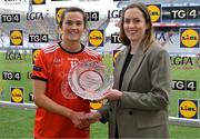 15 April 2023; Aimee Mackin of Armagh in presented with the Player of the Match award by Elaine O’Connor, Head of Corporate Social Responsibility, Lidl Ireland, after the 2023 Lidl Ladies National Football League Division 2 Final between Armagh and Laois at Croke Park, Dublin. Photo by Brendan Moran/Sportsfile