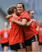 15 April 2023; Aimee Mackin, right, and Louise Kenny of Armagh celebrate at the final whistle of the Lidl Ladies Football National League Division 2 Final match between Armagh and Laois at Croke Park in Dublin. Photo by Brendan Moran/Sportsfile
