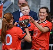15 April 2023; Aimee Mackin of Armagh, right, and her nephew Eoin and sistee Blaithín Mackin celebrate with the cup after the Lidl Ladies Football National League Division 2 Final match between Armagh and Laois at Croke Park in Dublin. Photo by Brendan Moran/Sportsfile