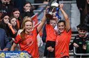 15 April 2023; Aimee Mackin of Armagh, right, and her nephew Eoin and sistee Blaithín Mackin celebrate with the cup after the Lidl Ladies Football National League Division 2 Final match between Armagh and Laois at Croke Park in Dublin. Photo by Brendan Moran/Sportsfile