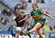 15 April 2023; Niamh Ní Chonchúir of Kerry scores her side's first goal despite the efforts of Kate Geraghty of Galway during the Lidl Ladies Football National League Division 1 Final match between Kerry and Galway at Croke Park in Dublin. Photo by Sam Barnes/Sportsfile