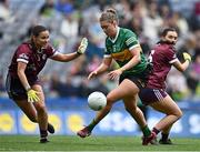 15 April 2023; Niamh Ní Chonchúir of Kerry on her way to scoring her side's first goal, despite the efforts of Kate Geraghty, left, and Charlotte Cooney of Galway during the Lidl Ladies Football National League Division 1 Final match between Kerry and Galway at Croke Park in Dublin. Photo by Sam Barnes/Sportsfile