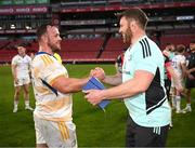 15 April 2023; Ed Byrne of Leinster and contact skills coach Sean O'Brien after their side's victory in the United Rugby Championship match between Emirates Lions and Leinster at Emirates Airlines Park in Johannesburg, South Africa. Photo by Harry Murphy/Sportsfile