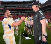 15 April 2023; Ed Byrne of Leinster and head coach Leo Cullen after their side's victory in the United Rugby Championship match between Emirates Lions and Leinster at Emirates Airlines Park in Johannesburg, South Africa. Photo by Harry Murphy/Sportsfile