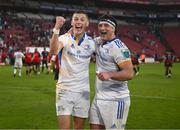 15 April 2023; Sam Prendergast and Thomas Clarkson of Leinster after their side's victory in the United Rugby Championship match between Emirates Lions and Leinster at Emirates Airlines Park in Johannesburg, South Africa. Photo by Harry Murphy/Sportsfile