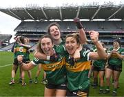 15 April 2023; Kerry players, from left, Aishling O'Connell, Fiadhna Tangney and Cáit Lynch celebrate after their side's victory in the Lidl Ladies Football National League Division 1 Final match between Kerry and Galway at Croke Park in Dublin. Photo by Sam Barnes/Sportsfile