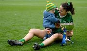 15 April 2023; Louise Galvin of Kerry with her son Florian and the cup after the Lidl Ladies Football National League Division 1 Final match between Kerry and Galway at Croke Park in Dublin. Photo by Brendan Moran/Sportsfile